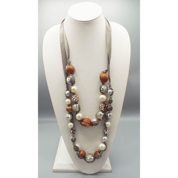 Chico's Disco Party Faux Pearl Embellished Beads Gray Ribbon Chain Long Necklace - Picture 1 of 6